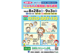 全国一斉「こどもの人権相談」強化週間9/3まで…いじめや虐待など秘密厳守