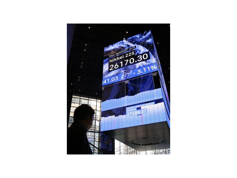 大幅続落した日経平均株価の終値を示す電光ボード＝27日午後、東京都中央区