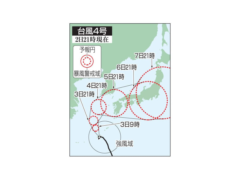 台風4号の5日先予想進路（2日21時現在）