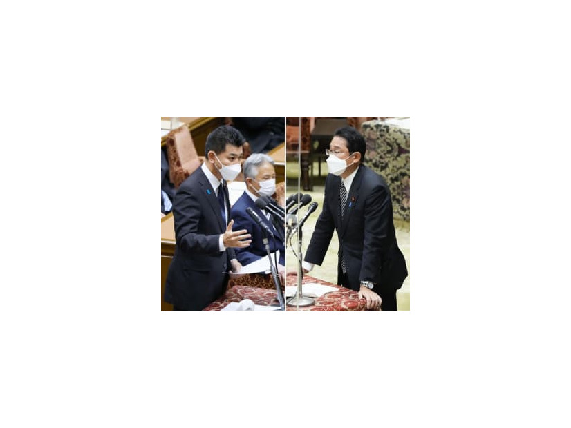 安倍元首相の国葬に関し、衆院議運委で答弁する岸田首相（右）と質問する立憲民主党の泉代表＝8日午後