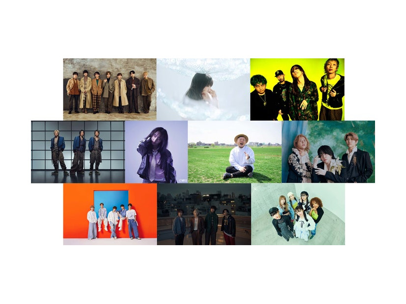 （上段左から）IMP.、Aimer、SUPER BEAVER（中段左から）Number_i、乃紫、HIPPY、Mrs. GREEN APPLE（下段左から）M!LK、ヤングスキニー、Little Glee Monster（提供写真）