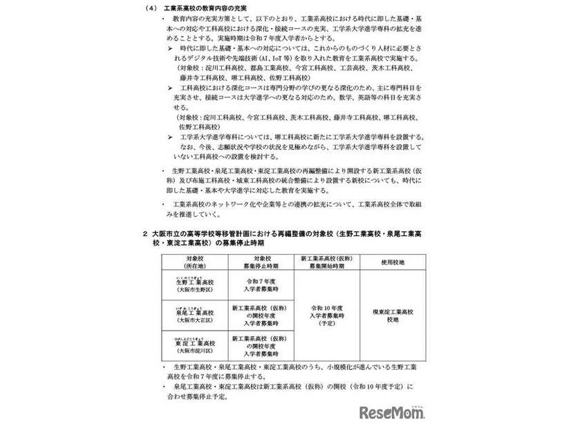 大阪市立の高等学校等移管計画における再編整備の対象校の募集停止時期など