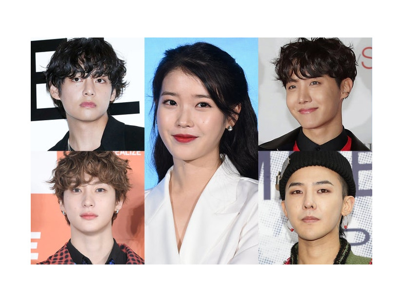 （中央）IU／Photo by Getty Images、（上段左から）V、J-HOPE／Photo by Getty Images、（下段左から）アントン（C）モデルプレス、G-DRAGON／Photo by Getty Images