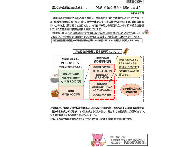 印西市「学校給食費の無償化について」