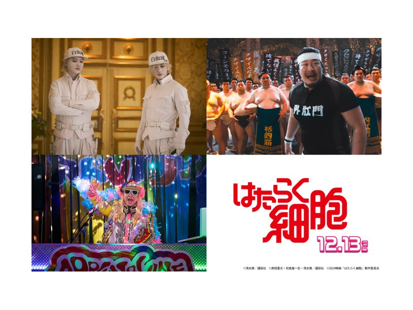 （上段左から）塚本高史、佐藤健、一ノ瀬ワタル（下段）DJ KOO（C）清水茜／講談社（C）原田重光・初嘉屋一生・清水茜／講談社 （C）2024映画「はたらく細胞」製作委員会