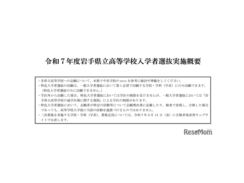 岩手県立高等学校入学者選抜実施概要