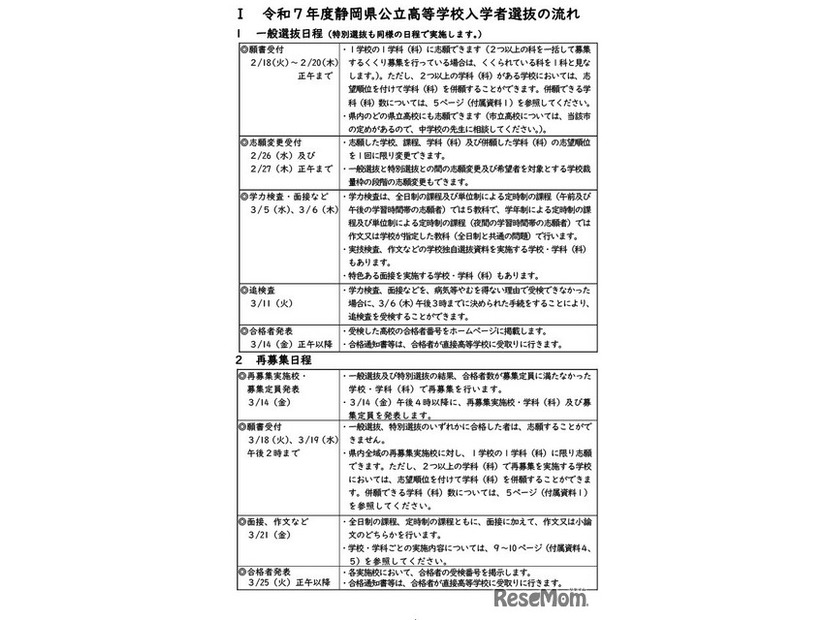 一般選抜日程（特別選抜も同様の日程で実施）