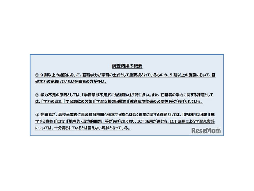 児童養護施設を対象とした、主に学習・進学に関する実態調査結果の概要