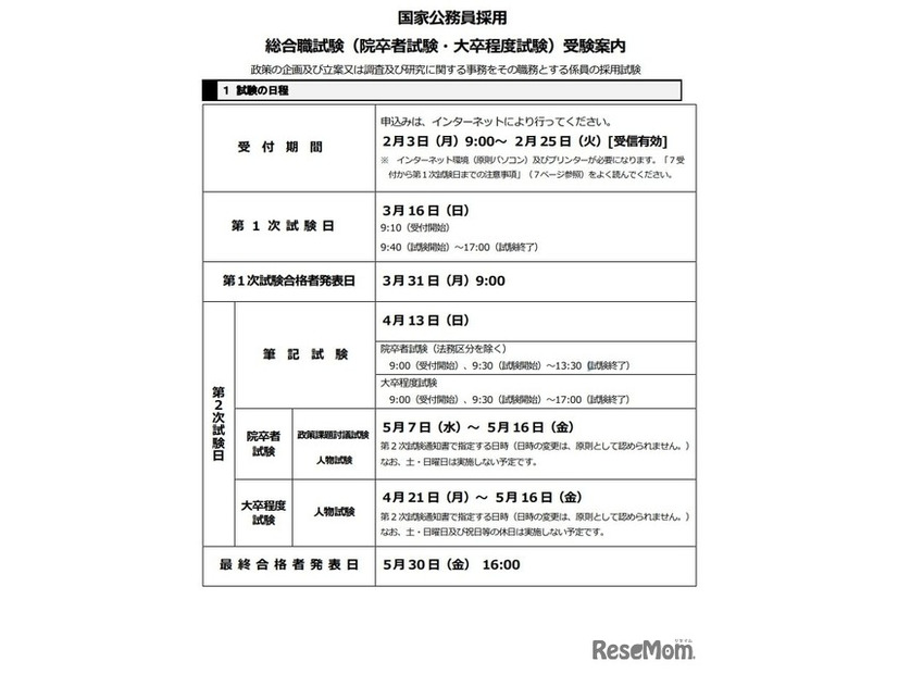 国家公務員 総合職試験（院卒者試験・大卒程度試験）受験案内