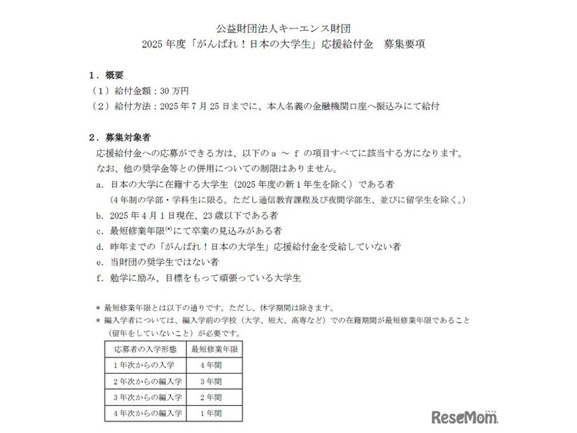 キーエンス財団2025年度「がんばれ！日本の大学生」応援給付金 募集要項（一部）