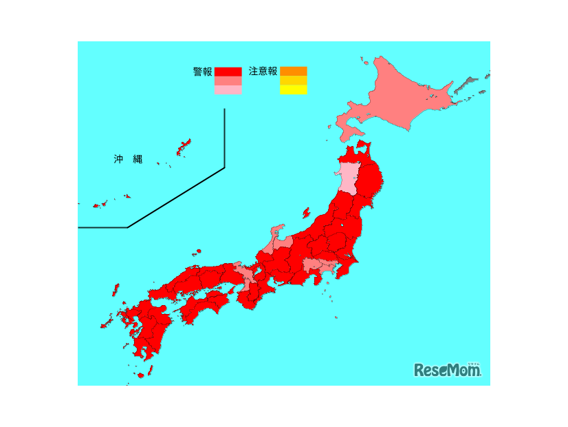 インフルエンザ流行レベルマップ2025年第3週（1月13日～19日）※警報レベル超えの保健所がある都道府県は赤色3段階で表示
