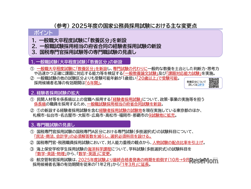 2025年度国家公務員採用試験、おもな変更点