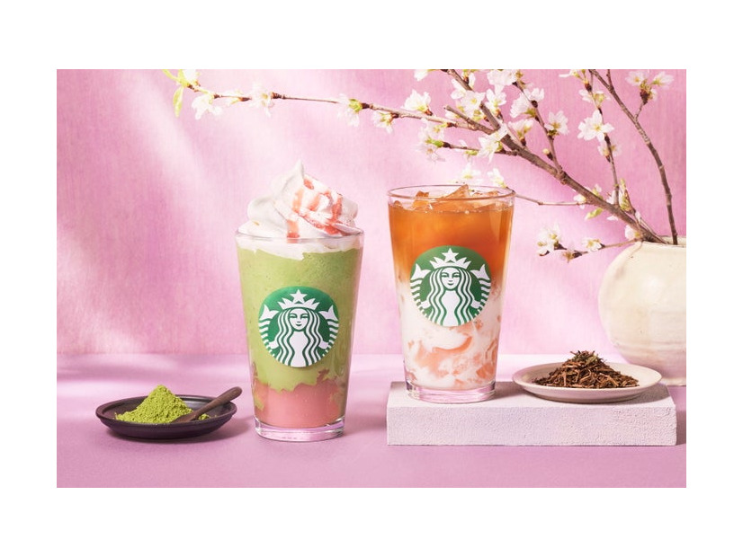 抹茶と桜わらびもち フラペチーノ、ほうじ茶&クラシックティーラテ 桜わらびもち入り／提供画像