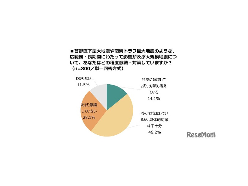 首都直下型大地震や南海トラフ巨大地震のような、広範囲・長期間にわたって影響が及ぶ大規模地震について、どの程度意識・対策しているか