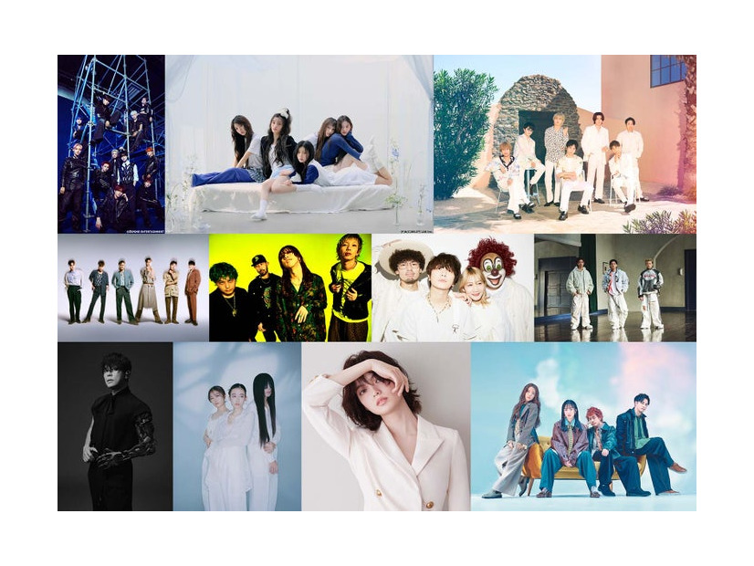 （上段左から）INI、ILLIT、WEST.（中段左から）GENERATIONS、 SUPER BEAVER、SEKAI NO OWARI、Number_i（下段左から）西川貴教、羊文学、平手友梨奈、緑黄色社会（提供写真）