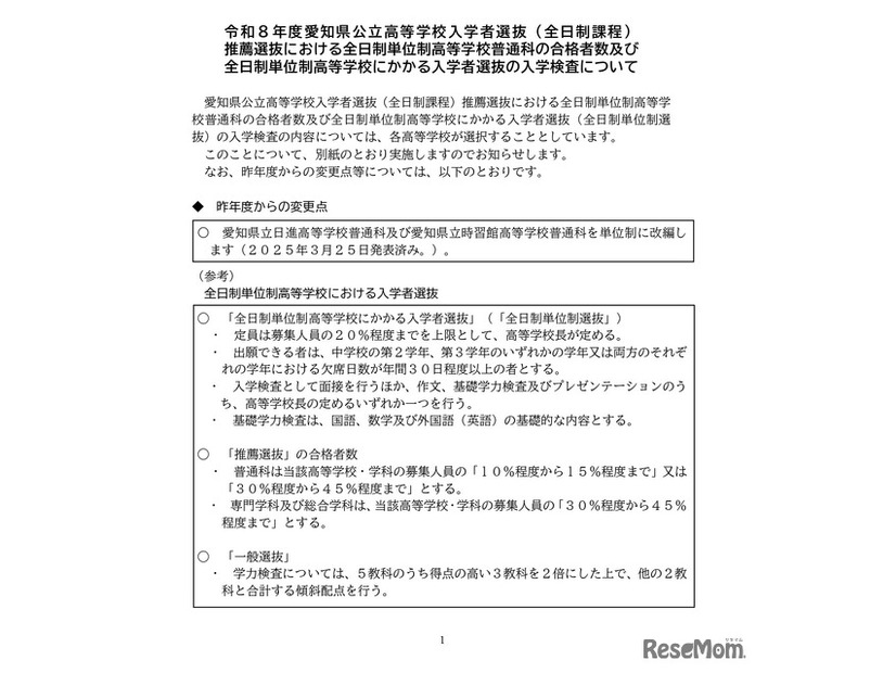 2026年度愛知県公立高等学校入学者選抜（全日制課程）推薦選抜における全日制単位制高等学校普通科の合格者数などについて