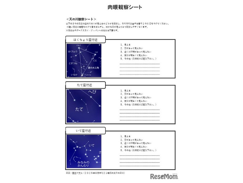 肉眼観察シート「天の川観察シート」