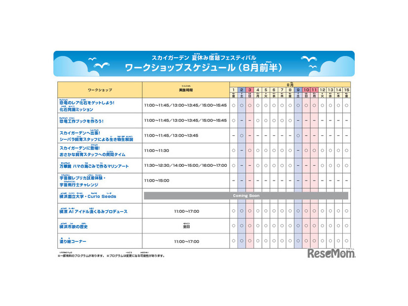 スカイガーデン 夏休み宿題フェスティバルワークショップスケジュール（8月前半）