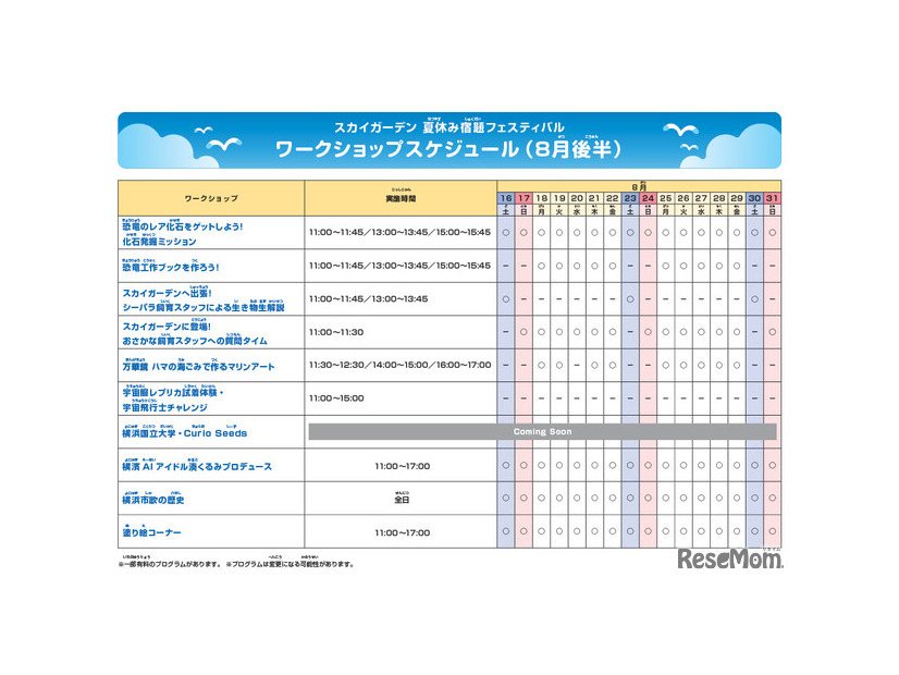 スカイガーデン 夏休み宿題フェスティバルワークショップスケジュール（8月後半）