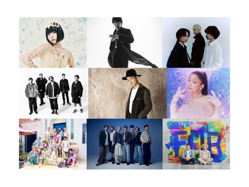 （左上から）ano、大泉洋、Omoinotake（中央左から）ORANGE RANGE、SEAMO、西野カナ（左下から）PG、BE:FIRST、FUNKY MONKEY BΛBY’S（提供写真）