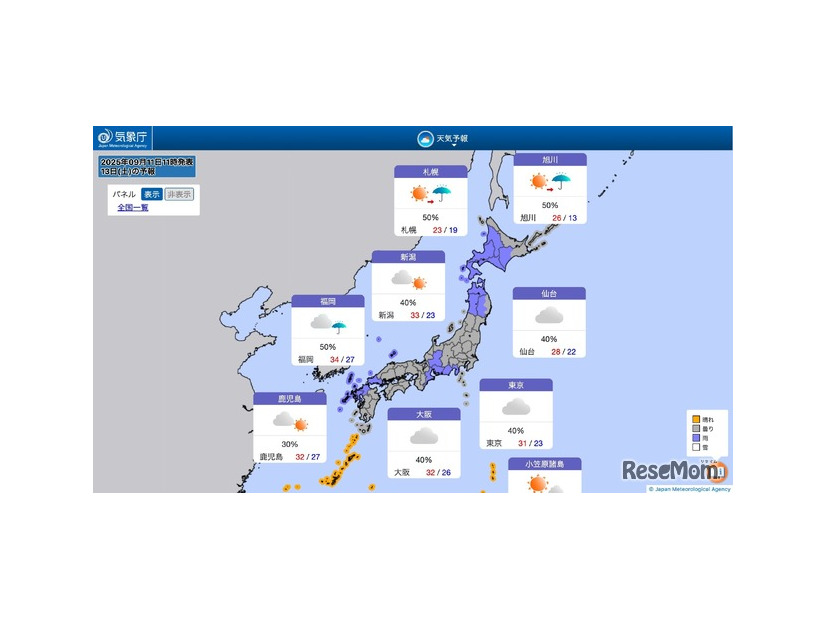2025年9月13日の全国の天気予報（2025年9月11日11時発表）
