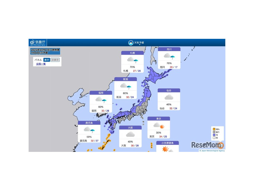 2025年9月14日の全国の天気予報（2025年9月11日11時発表）