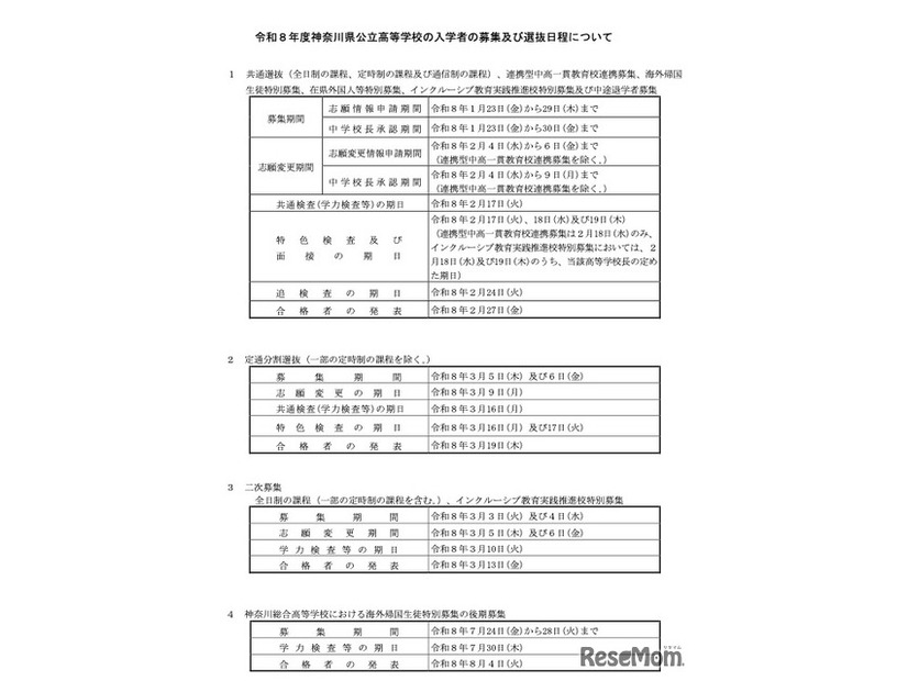 令和8年度 神奈川県公立高等学校の入学者の募集および選抜日程