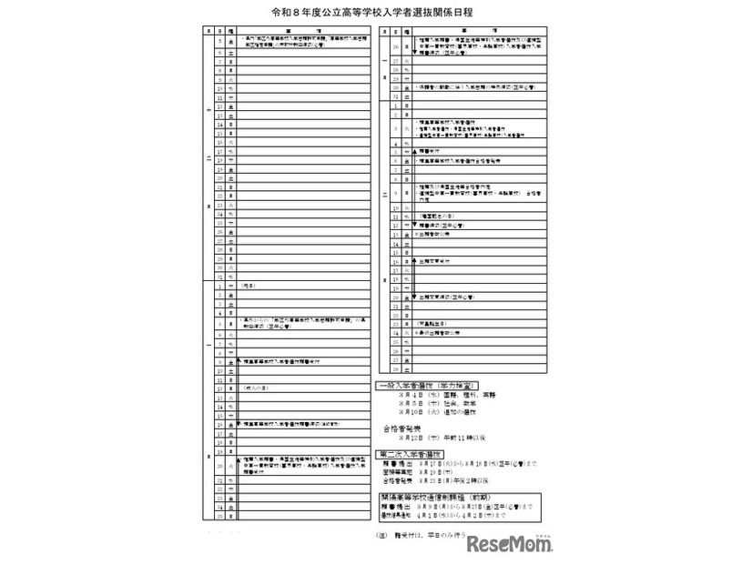 2026年度公立高等学校入学者選抜関係日程