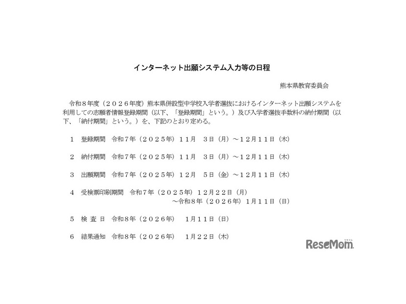 インターネット出願システム入力等の日程