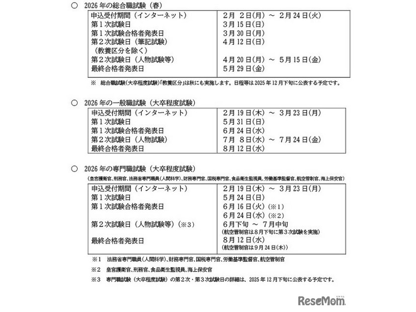 2026年の国家公務員採用、各試験の日程