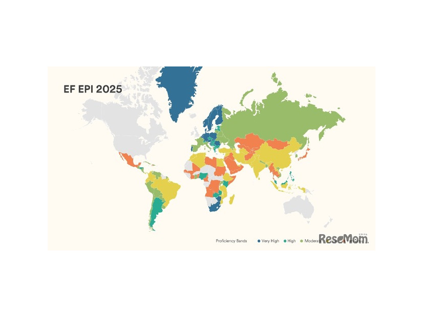 EFEPI英語能力指数を示す世界地図（青が非常に高い、緑が高い、黄緑が標準的、黄色が低い、オレンジが非常に低い）