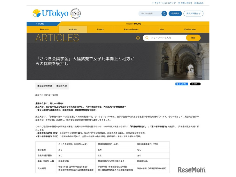 東京大学 さつき会奨学金の大幅拡充について