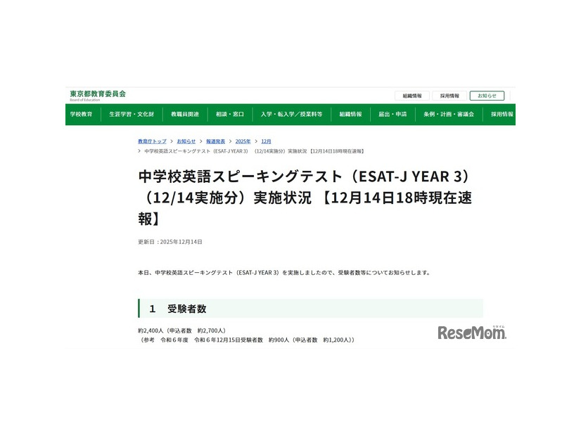 中学校英語スピーキングテスト（ESAT-J YEAR 3） （12/14実施分）実施状況 【12月14日午後6時現在速報】