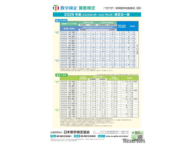 数学検定・算数検定2026年度 検定日一覧