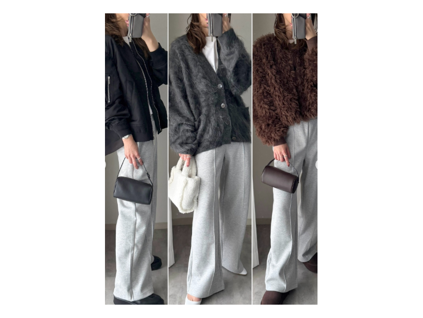 リラクシーと上品見えを兼ねる【ユニクロC新作】 センターライン入りスウェットパンツ。とにかく落ち感がキレイです【40代の毎日コーデ】