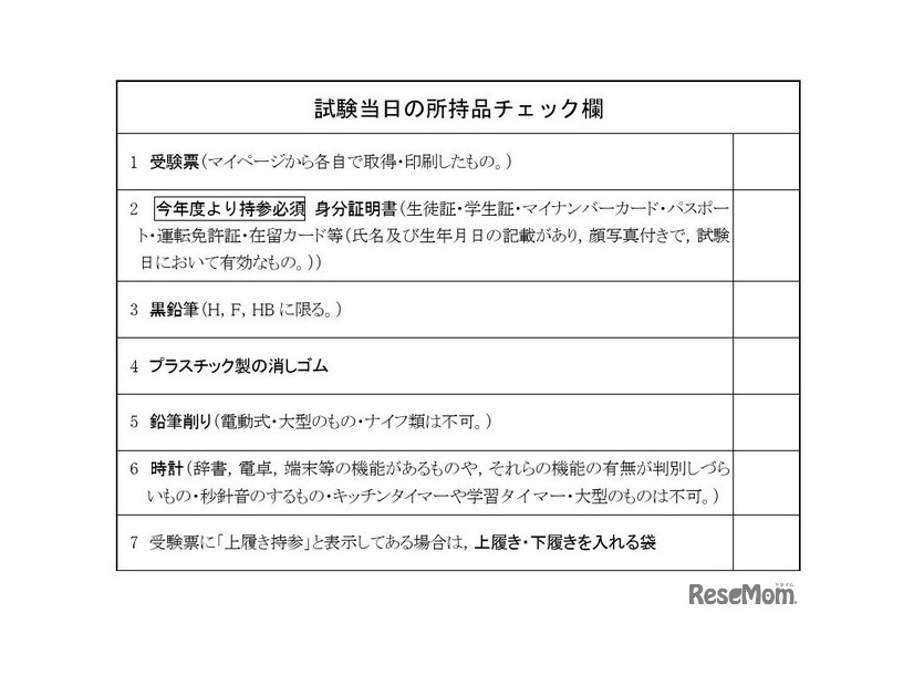 試験当日の所持品チェック
