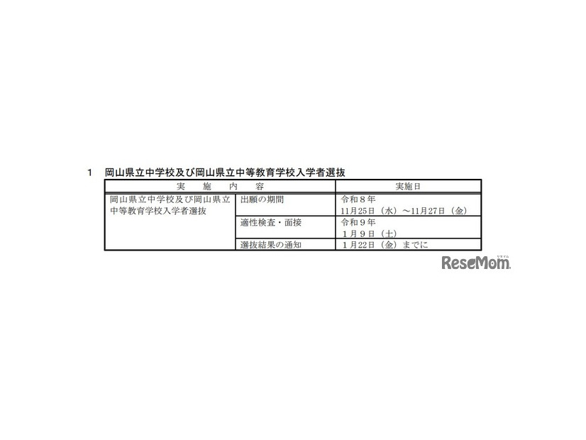 2027（令和9）年度 岡山県立中学校および岡山県立中等教育学校入学者選抜