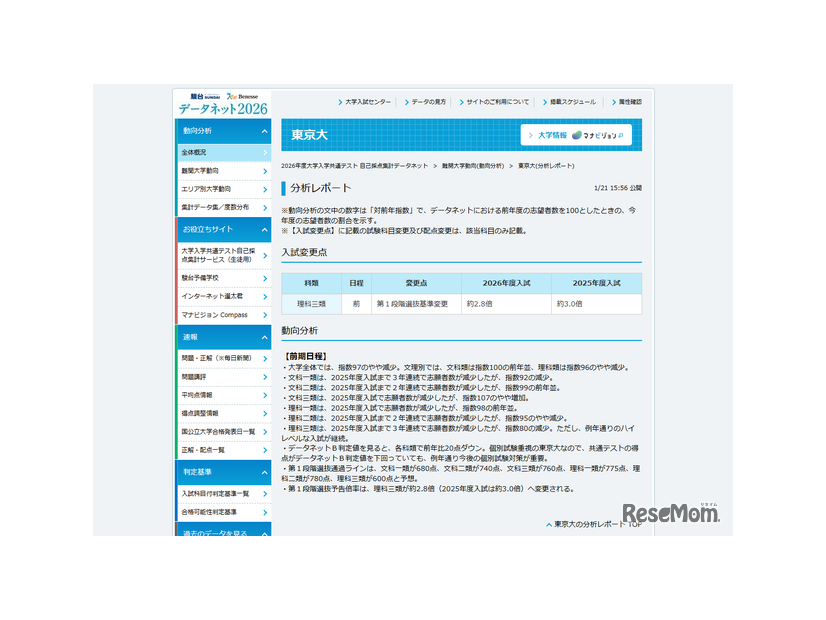 2026年度大学入学共通テスト 自己採点集計データネット  難関大学動向(動向分析)  東京大(分析レポート)