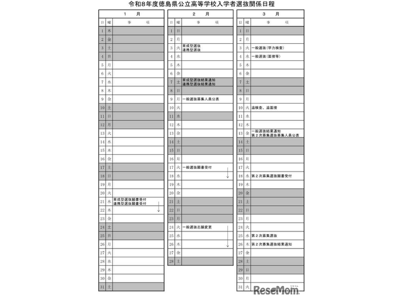 令和8年度徳島県公立高等学校入学者選抜関係日程