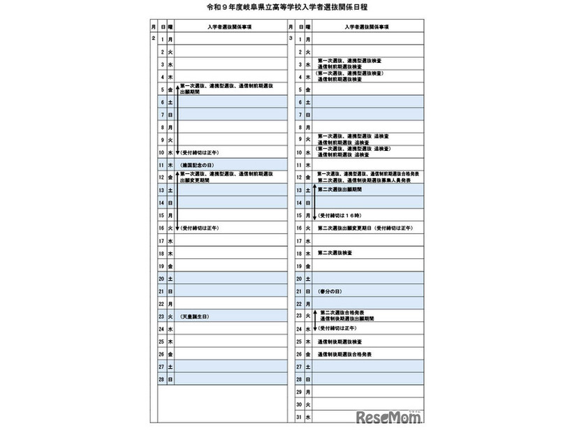 令和9年度岐阜県立高等学校入学者選抜日程
