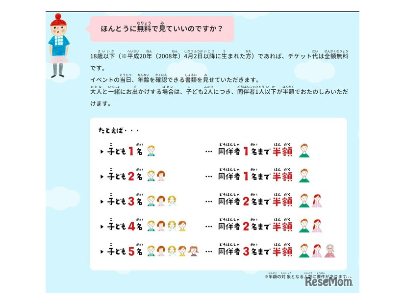 18歳以下は無料、子供2人につき大人の同伴者1人以下半額