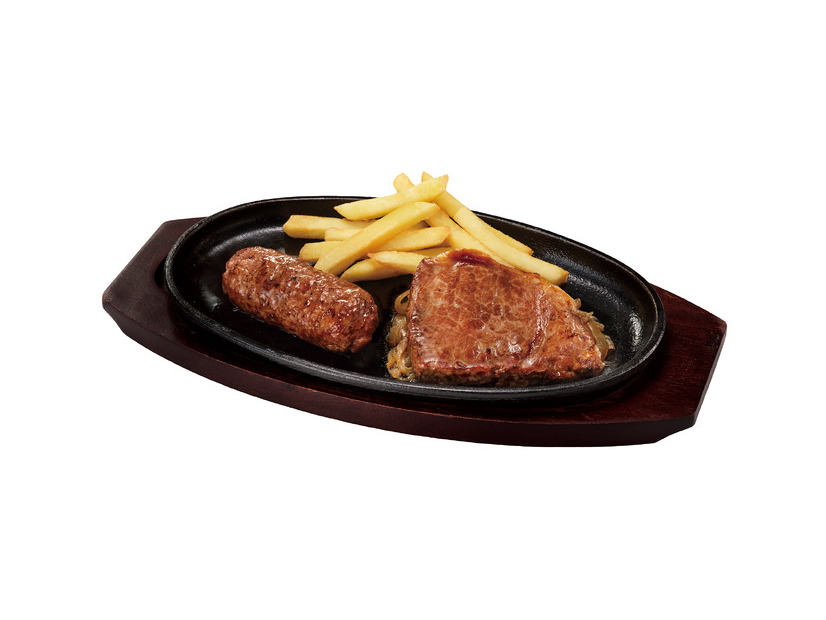 「ブロンコおじさんのこだわり炭焼きがんこハンバーグ&炭焼き極選プレミアムサーロインステーキ」単品価格：300g 3,280円（税込3,608円） （ハンバーグ150g＋ステーキ150g）