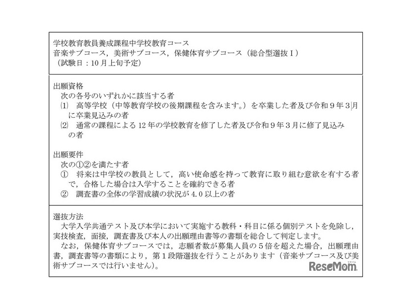 学校教育教員養成課程中学校教育コース 音楽サブコース、美術サブコース、保健体育サブコース（総合型選抜I）