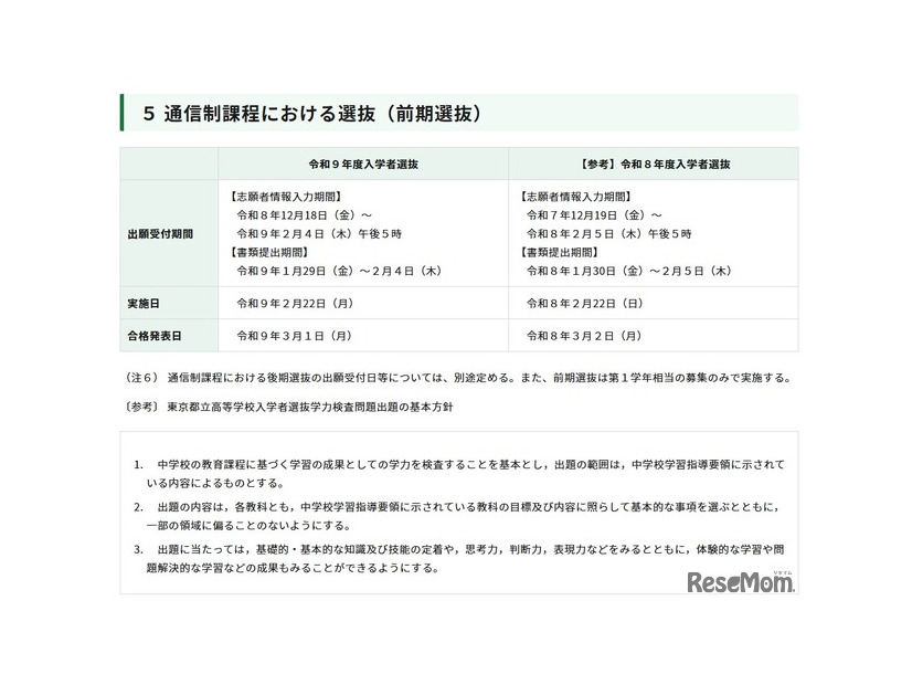 令和9年度東京都立高等学校入学者選抜「通信制課程における選抜（前期選抜）」