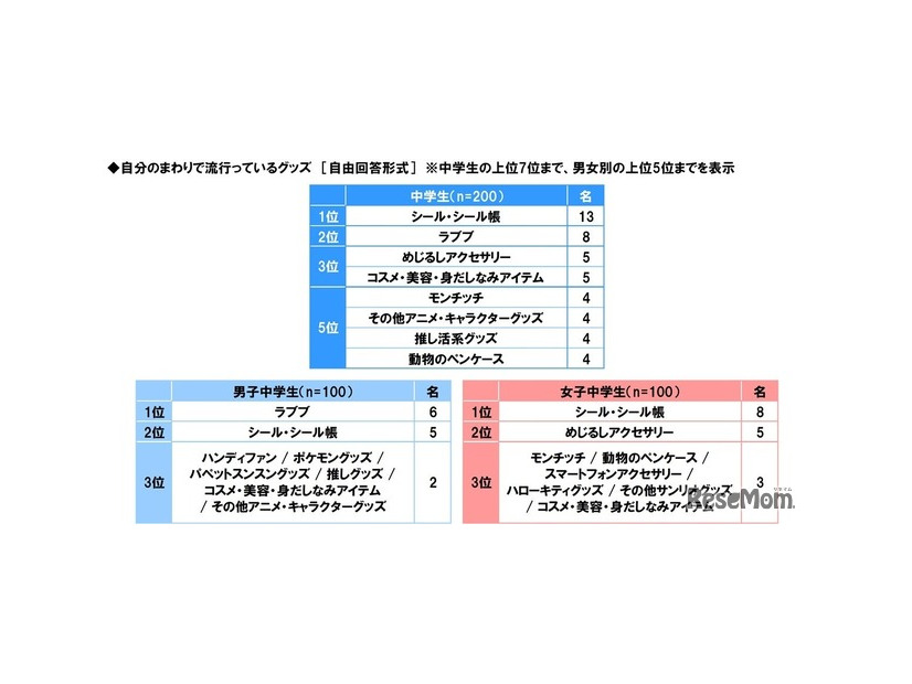 自分のまわりで流行っているグッズ（中学生）