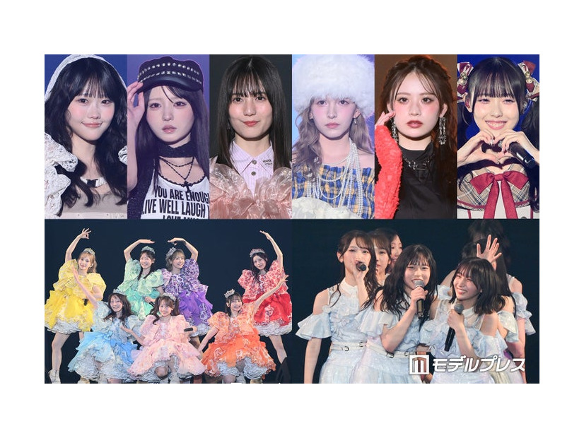 （左から）遠藤まりん、市原愛弓、小坂菜緒、早瀬ノエル、立花琴未、松本ももな（下段左から）FRUITS ZIPPER、日向坂46（C）モデルプレス
