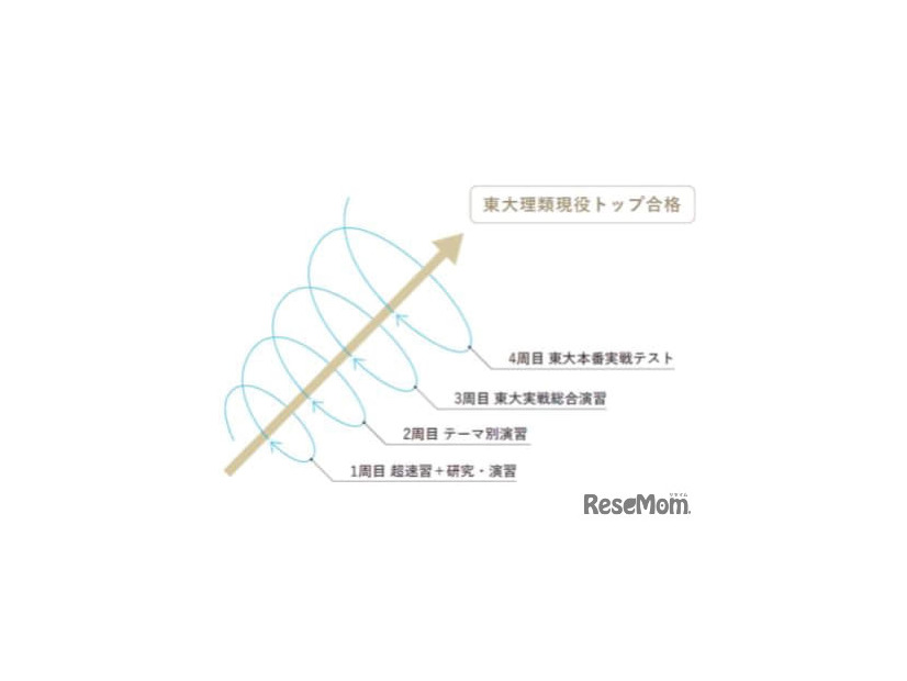 超速習講義からスタートし、研究、テーマ別演習、東大型演習、実戦テストと段階的に高度な問題に挑戦できる独自のスパイラル演習