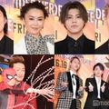 「スパイダーマン：アクロス・ザ・スパイダーバース」日本最速試写会レッドカーペット・イベントに登壇した豪華著名人／（上段左から）てつや、観月ありさ、LEO、佐藤景瑚（下段左から）中村獅童・小川陽喜親子、Mrs. GREEN APPLE