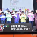 「舞台おそ松さん2nd SEASON」制作発表記者会見に出席した（前段左から）中西智也、大野紘幸、杉咲真広、三井淳平、中村碧十、本間一稀、高崎翔太、井澤勇貴（後段左から）草地稜之、中本大賀、松井健太、磯野亨、木村優良、松本勇輝（C）モデルプレス