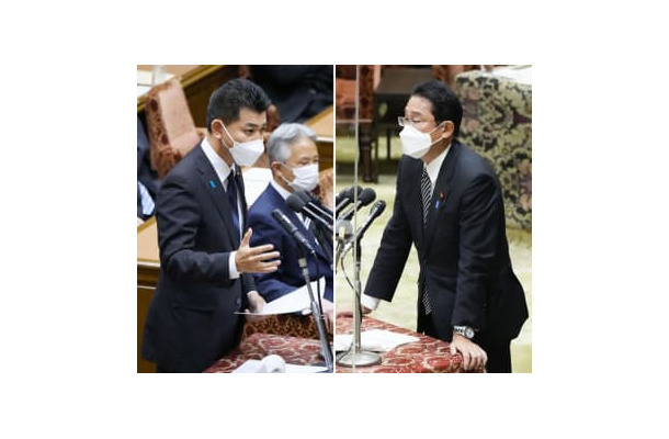 安倍元首相の国葬に関し、衆院議運委で答弁する岸田首相（右）と質問する立憲民主党の泉代表＝8日午後